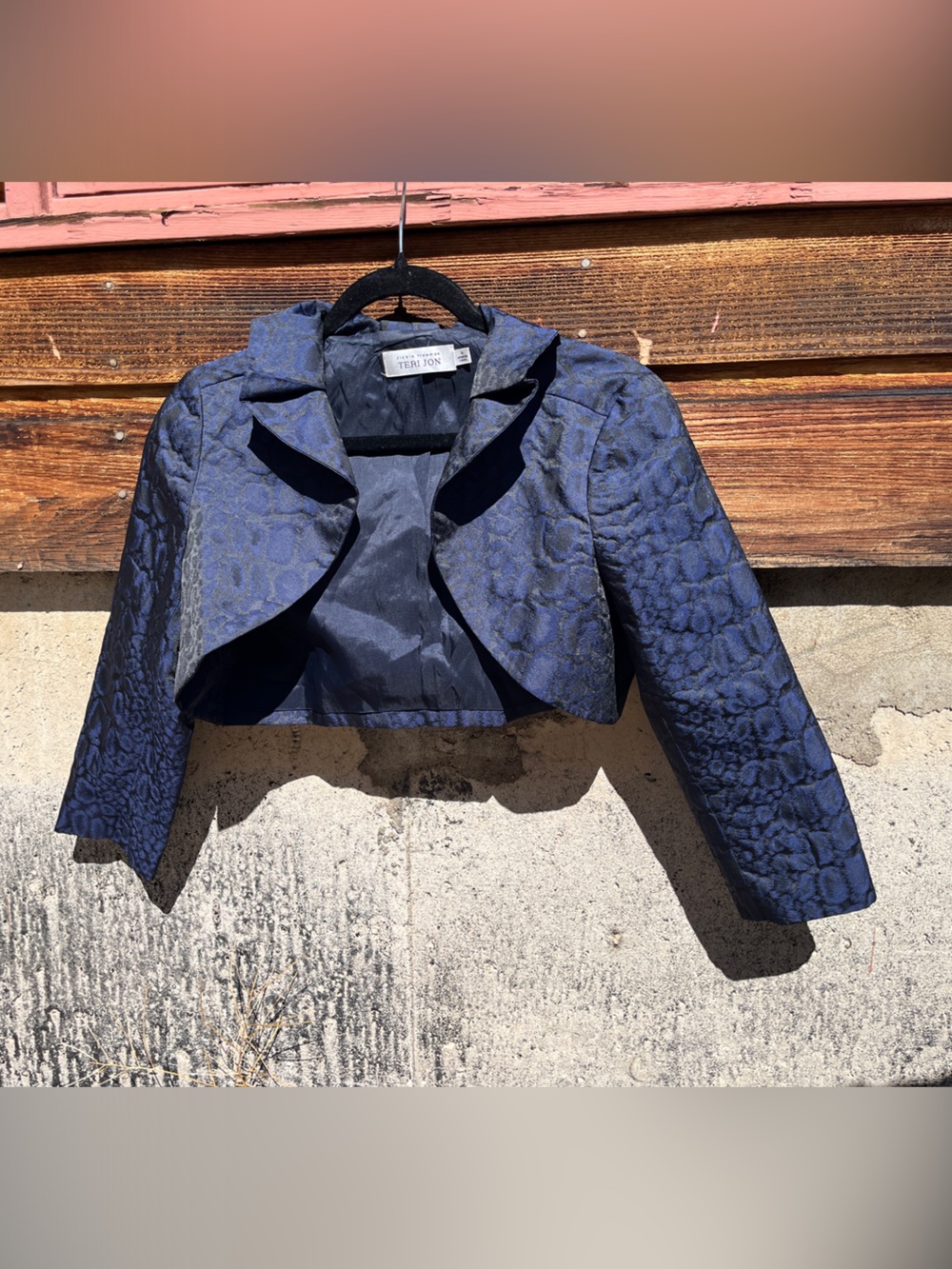 Teri Jon Navy Floral Jacquard Cropped Bolero Blazer
